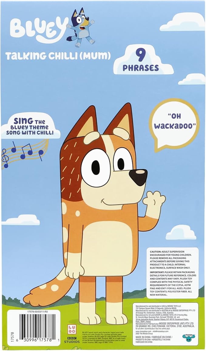 Bluey Sound Effects Talking Chilli Stuffed Plush, 14??Soft Musical Toys, Stuffed Animal with 9 Different Phrases, Singing Toys for Kids