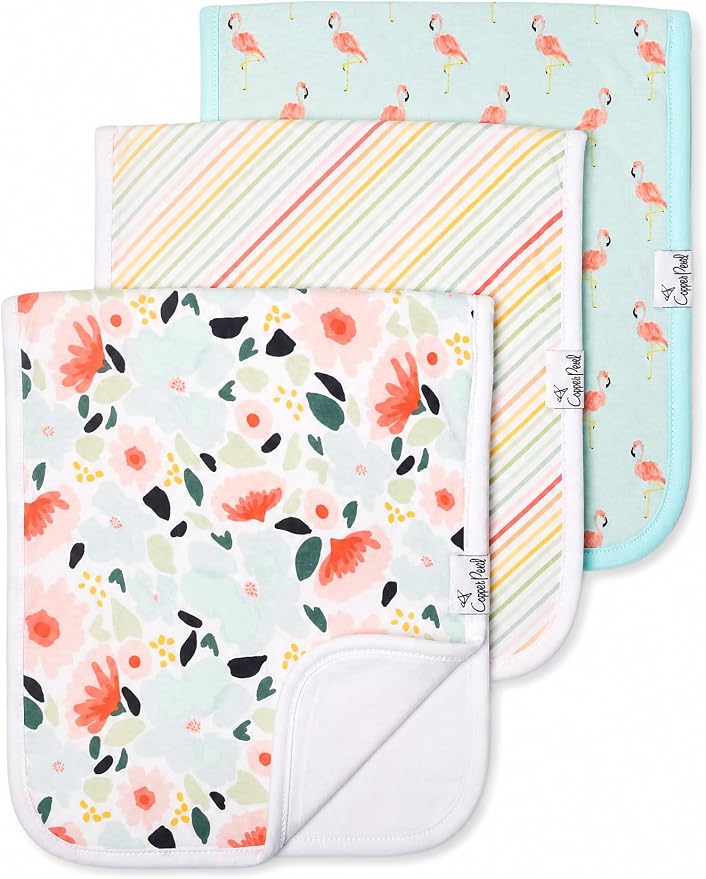 Copper Pearl Premium Baby Burp Cloths - 3-Pack Large Cotton Burp Cloths, Extra Soft Spit Up Rags with 3 Absorbent Layers, Perfect for Baby Girl Gifts (21" x 10" Size, Leilani Set)