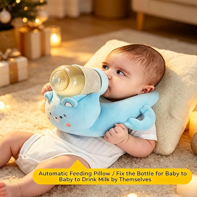 Bottle Holder Pillow Plush, Feeding Nursing Assistant Hands Free, Ergonomic Bottle Support Cushion, Soft Animal Cover Protector, Machine Washable (Beige)