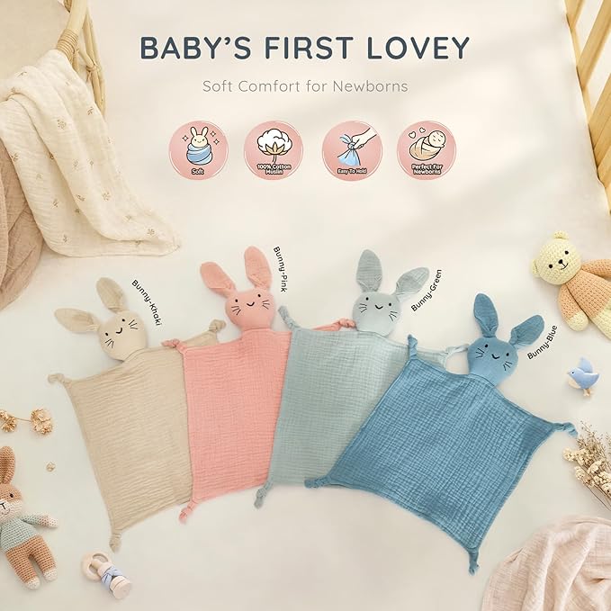 Organic Cotton Muslin Bunny Lovey Blanket, Soft & Breathable Security Blanket for Newborns, Unique Baby Gifts for Boys and Girls, 2 Pcs Set (Khaki&Green)