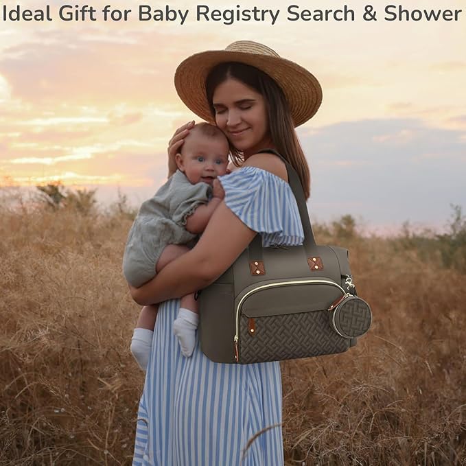 Tenot Diaper Bag Tote with Pacifier Case, Baby Bag for Women with Shoulder Straps, Travel Diaper Tote for for Mom and Dad Medium Size, Khaki