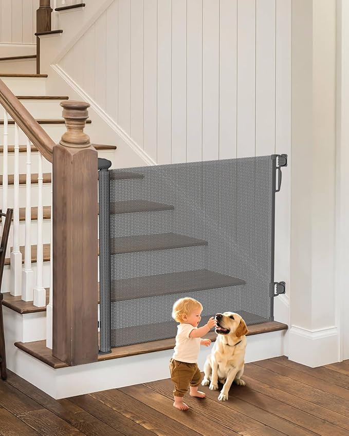Retractable Baby Gate for Stairs ??34" Height, Expands up to 71" Width, Safety Gate for Infants, Toddlers, Dogs & Pets, Easy Install, Gray Puppy Gate for Indoor & Outdoor Use, Gray