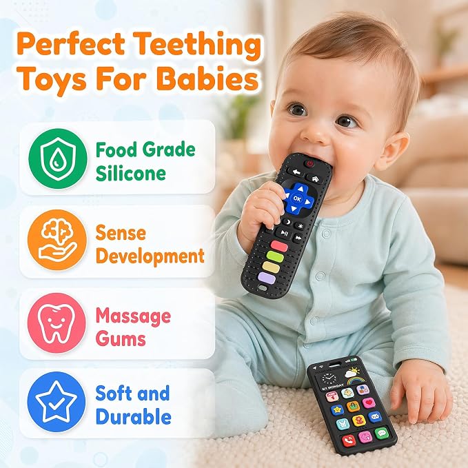Baby Silicone Remote and Phone Teether, 2pack Teething Toy for Baby 3 6 12 18 Months, Baby's Chew Toys, Food Grade Silicone Teething Toys for Infants, BPA Free, for Babies Gum Relief