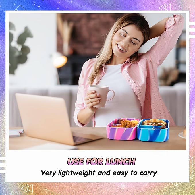 Layhit 2 Pcs Silicone Bento Box for Adults, 27 oz Bento Lunch Container Reusable Food Container for Women Men, Leak Proof Microwave Dishwasher Freezer Safe (3 Compartments,Pad Dyeing Colors)