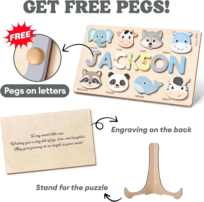 Custom Name Puzzle for Toddlers - Personalized Baby Gift with Animal Art Backdrop | 48 Animal Themes | 1st Birthday Gift for Boy & Girl | Personalized Baby Gifts