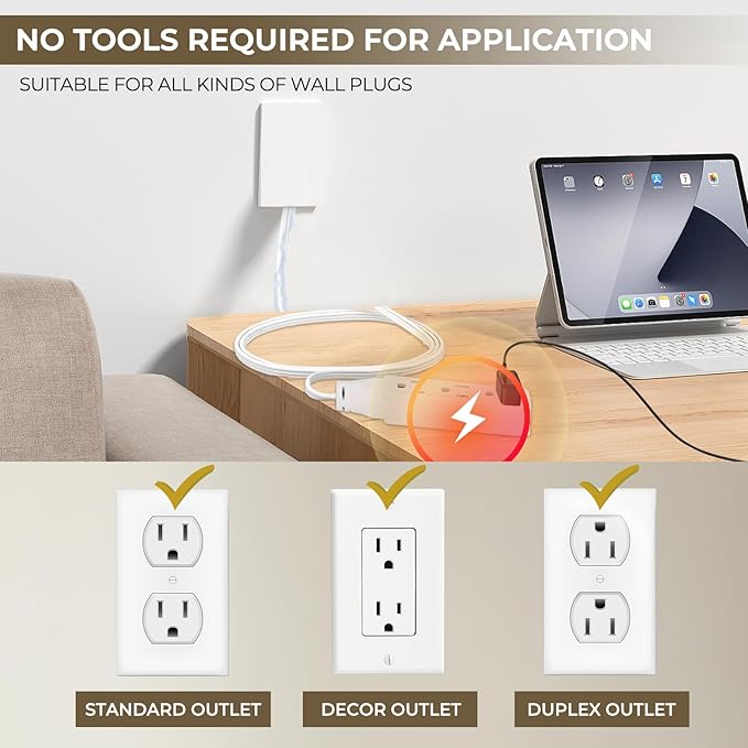 SakerPlus Outlet Concealer Power Strip | 5ft Flat Extension Cord | Ultra-Thin Outlet Cover Extension Cord with 3AC Outlets-,Universal Size,1625W for Kitchen, Home Improvement, Child & Pet Safe