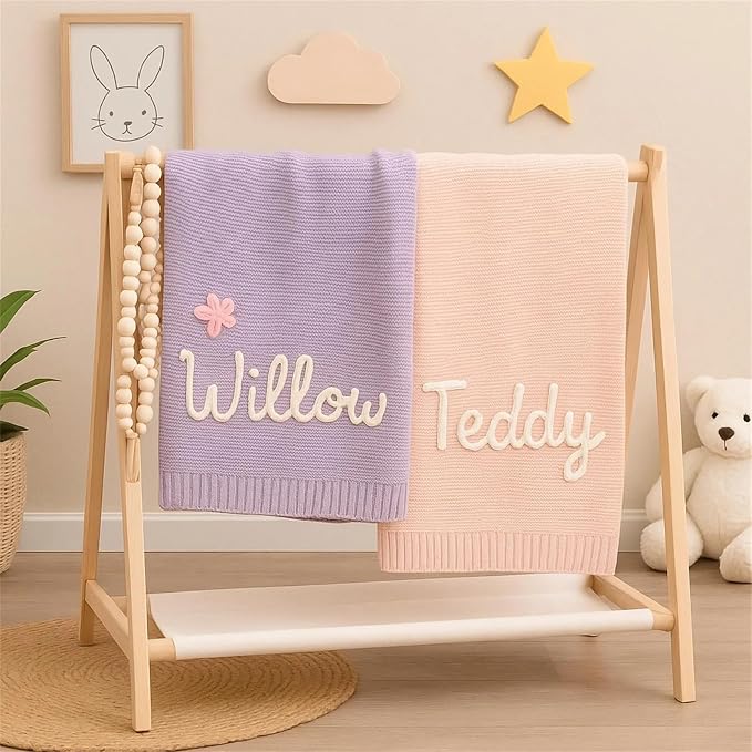 Personalized Hand Embroidered Knit Baby Blanket with Name,Custom Breathable Cotton Nursery Blankets,Newborn Gifts(30x40 inch)