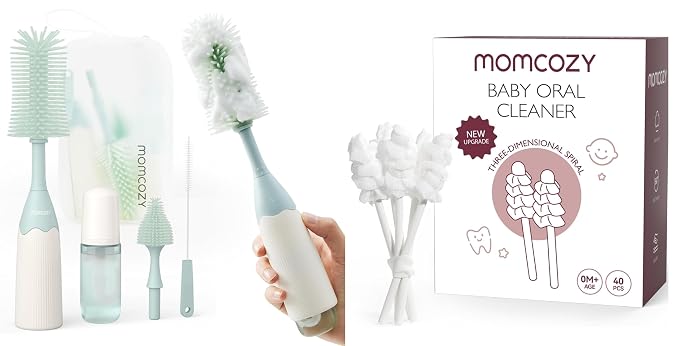 Momcozy Bottle Brush Kit, Innovative Push-Press Design for Better Cleaning & Momcozy Baby Tongue Cleaner Gauze