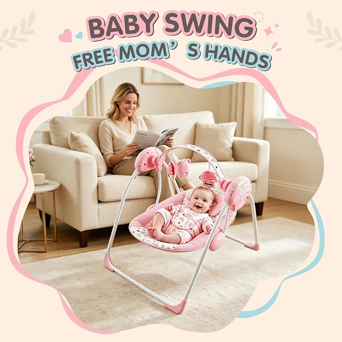 Baby Swing for Infants, Compact Foldable with 5 Speeds, Music & Soothing Vibration, Cute Floral Pattern Soft Cushion Seat,Timer & Removable Bar, Indoor Use, 0-9 Months (6-20 lbs) Pink