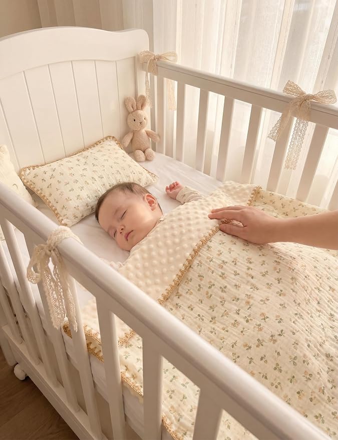 Baby Blanket 40x40 Inches,Muslin Cotton and Minky Dotted Double Layer Soft Receiving Blanket for Newborn Toddler,Petite Floral