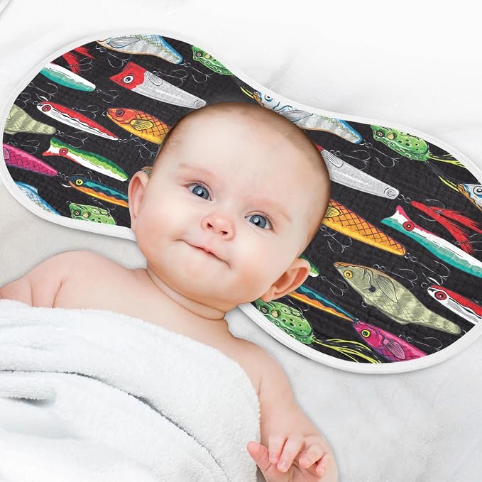 Colorful Fishing Lures Muslin Burp Cloths for Baby Boys and Girls - 2-Pack Ultra Absorbent Muslin Washcloths, Newborn Towel, Milk Spit Up Rags, Burp Cloth Bibs, 22 x 11 Inch