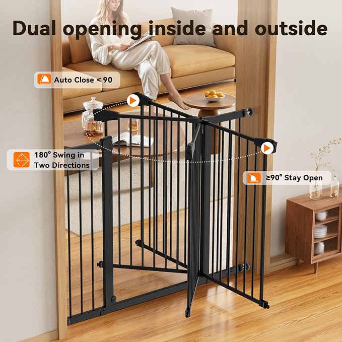 Fldofaves 42" Extra Tall Pet Gate for Cats and Dogs, Fits 29.5"-46" Wide Openings, Pressure Mounted Auto Close Cat Gate with Ultra Narrow Bar Spacing for Doorways, Stairs, Hallways(Black)