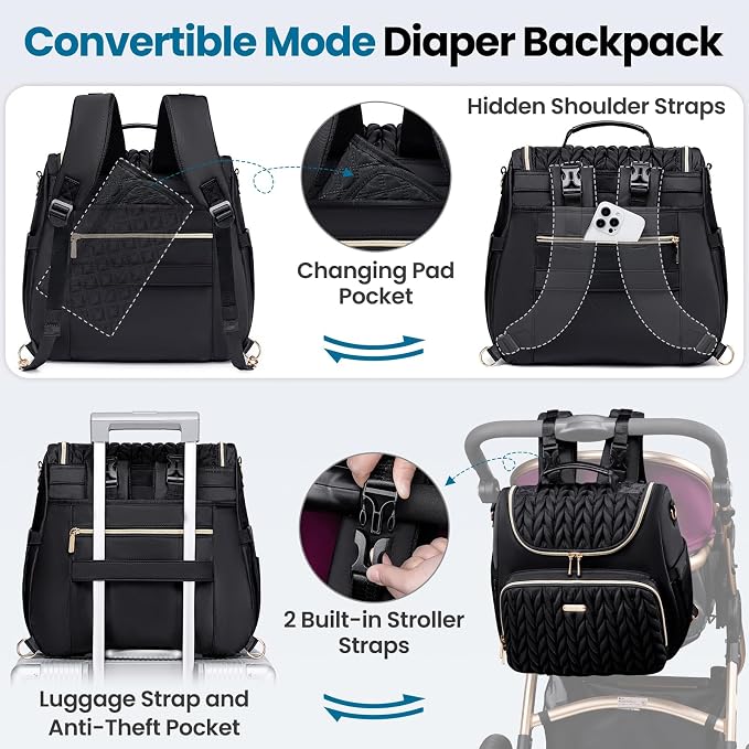 Tealari 4 in 1 Convertible Diaper Bag Backpack,Waterproof Baby Diaper Bag with Changing Pad,Converts into Baby Tote Bag,Diaper Backpack,Stroller Bag and Crossbody Diaper Bag