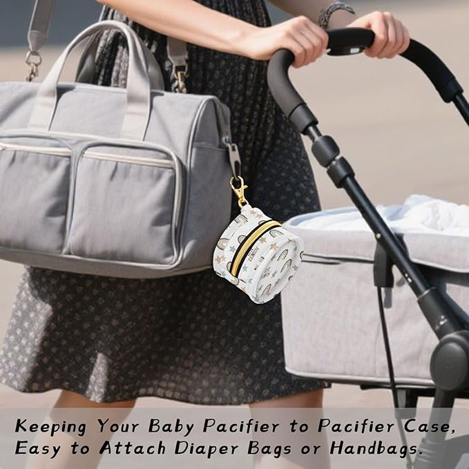 Rainbow White Star Pacifier Holder Case Newborn Pacifier Storage Pouch for Boys Girls Easy Attach to Diaper Bag Portable Baby Essentials Container