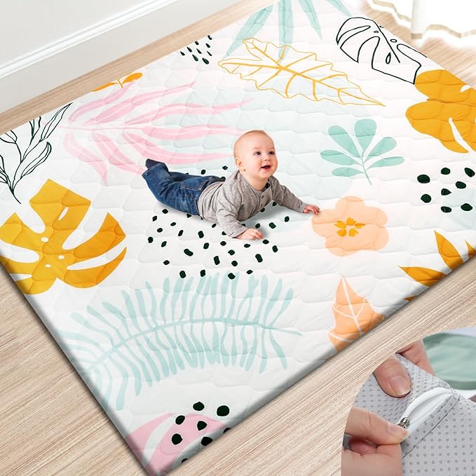 TINYHARBO Premium Foam Baby Play Mat 71x59 ??Removable & Machine Washable Cover, Extra Thick Padding Playpen Mat, Non-Slip Crawling Mat, Easy to Clean for Infants, Toddlers & Babies