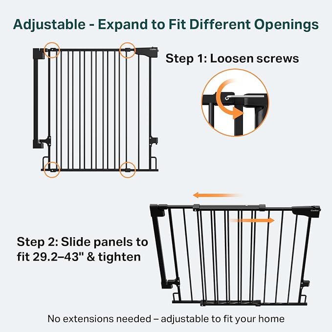 Cumbor 34" Extra Tall No Bottom Bar Baby Gate for Stairs, Hardware Mounted Dog Gate Indoor for Larger Pets, Expandable 29.2-43" Safety Gate for Doorways, Wide Walk Thru Door for Easy Access (Black)