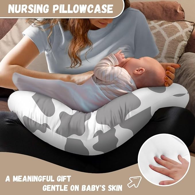 Grey Cow Print Nursing Pillow Slipcover Case Machine Washable Cozy Feeding Pillow Case for Boy & Girl Newborn Nursing Pillow Support Cover for New Parents