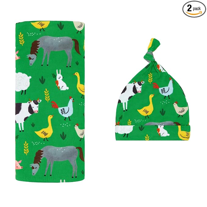Little Sleepies Swaddle & Hat Set, Baby Swaddles Newborns, Soft Viscose from Bamboo Swaddle Blanket Wrap (Green Farm Animals)