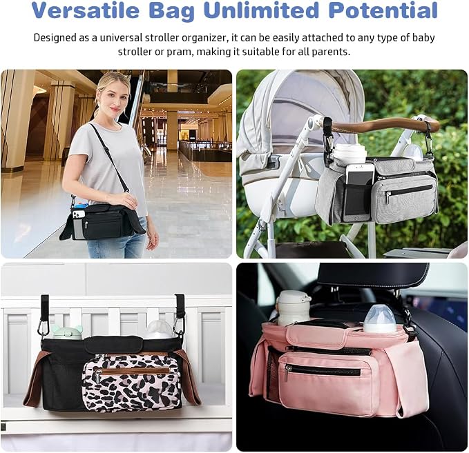 Baby Stroller Organizer, Universal Stroller Organizer with Detachable Phone Bag, Stroller Caddy with 2 Insulated Cup Holders, Buggy Organizer Bag with 2 Hooks Fits Most Strollers (Pink)