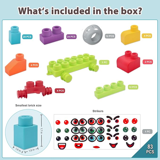 83 PCS STEM Soft Building Blocks Set for Toddlers 18 Months+, Large Construction Stacking Blocks with Storage Box, Educational Preschool Toy to Develop Creativity, Imagination and Fine Motor Skills