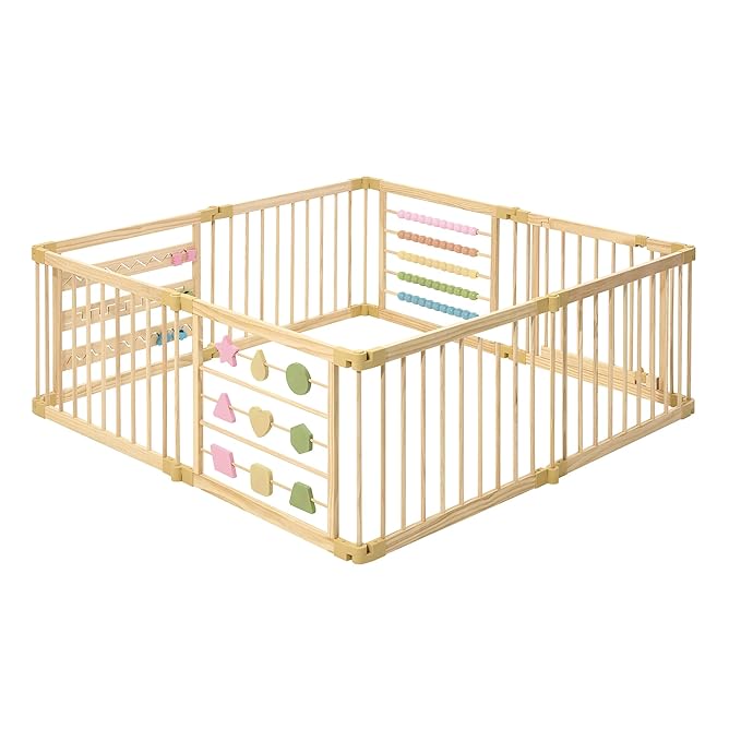 ZETY Natural Wood Baby Playpen ??8 or 10 Panel Foldable Play Yard with Door Panel and Built-in Toys, CPC Certified & SGS Tested