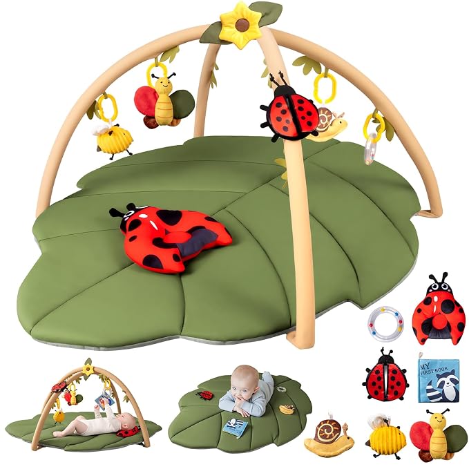 Baby Play Mat,Oversize Leaf Shaped Tummy Time Mat with 7 Detachable Toys-Activity Gym for Visual,Auditory & Motor Development-Washable Baby Activity Mat for 0-18 Month Infants