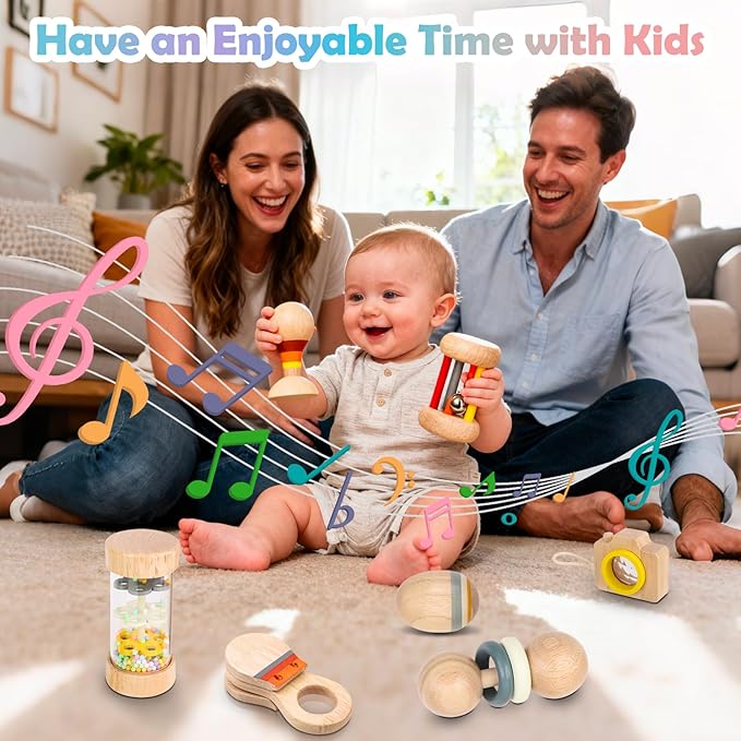 Montessori Wooden Baby Toys 7-in-1 Sensory Set for Babies 0??2 Months, Rain Sound Tube & Rattle Roller, Sensory Musical Gift for Baby Boys and Girls with Storage Bag