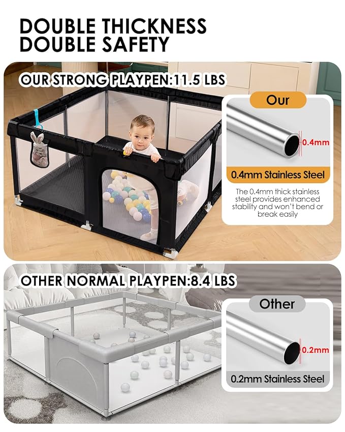 dearlomum Baby Playpen with Non Removable Mat, Extra Large Play Yard for Babies & Toddlers, Portable Travel Playpen, Baby Activity Center for Indoor & Outdoor Use (Black 50"×50")