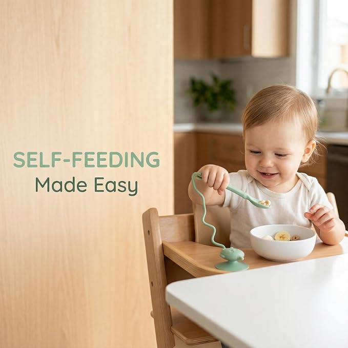 Toy Strap Spoons for Infant Spoon Fork Set Holder Anti-drop Chain Silicone Suction Cup Toddler Green Color