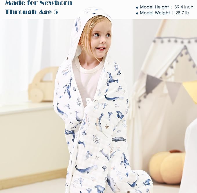 GRSSDER Ultra Soft Absorbent Muslin Cotton Baby Hooded Towel 2 Pack with Original Patterns, Extra Large Size 35"x 35" Swaddle Wrap for Newborn Infant and Toddler