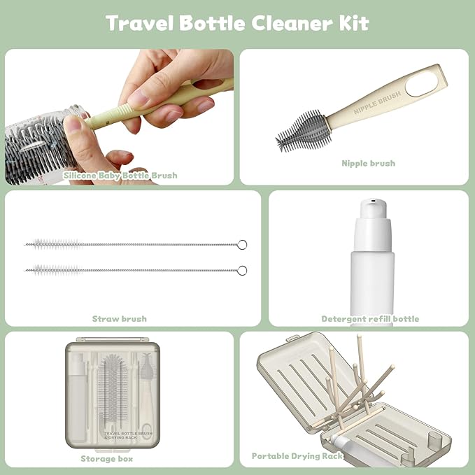 Baby Bottle Brush Set - Compact Portable Silicone Bottle Cleaner Kit with Nipple Brush, Compact Case, Food Grade ABS & Silicone for Travel and Home Use, White