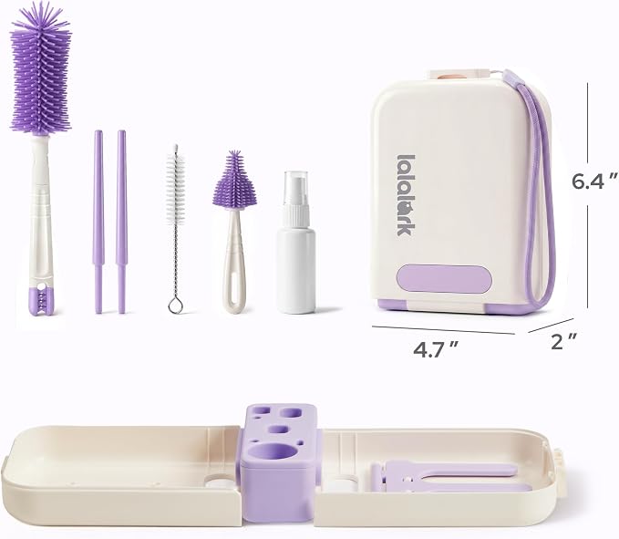lalalark 7-in-1 Baby Bottle Brush Set, BPA Free Silicone Baby Bottle Cleaning Kit with No Scratch Dual-Headed Brush, Nipple Brushes,Soap Dispenser & Drying Rack,Travel Cleaner with Storage Case,Purple