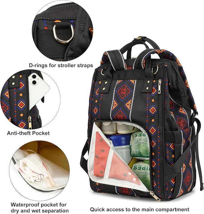 Boho Diaper Bag Backpack for Mom Dad, Multifunctional Bohemia Baby Nappy Backpack with Stroller Straps Insulated Pockets (Black)