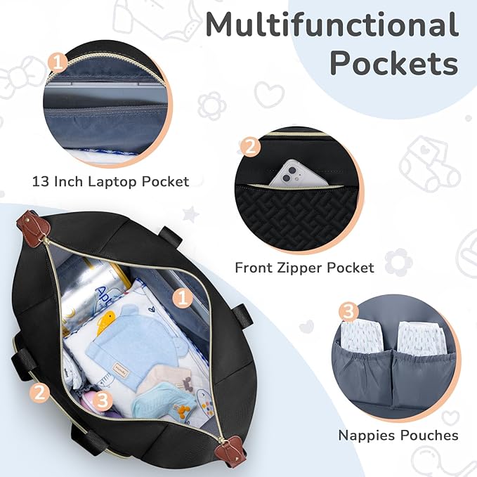 Tenot Diaper Bag Tote with Pacifier Case, Baby Bag for Women with Shoulder Straps, Travel Diaper Tote for for Mom and Dad Medium Size, Black