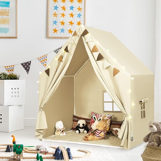 Kids Play Tent with Padded Mat & Star LED Lights for Ages 4-8-10 Year Old Girls Boys, Large Cute Indoor Play Room House Tent for Toddler Children (Beige)