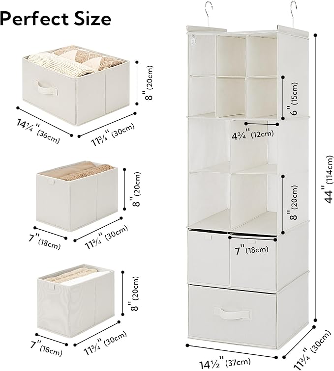 GRANNY SAYS Hanging Closet Organizer with Drawers, 6 Shelf Dividers Closet Hanging Organizer, Portable Foldable Hanging Shelves for Closet, Dorm Room, Bedroom, Kids Room, Beige