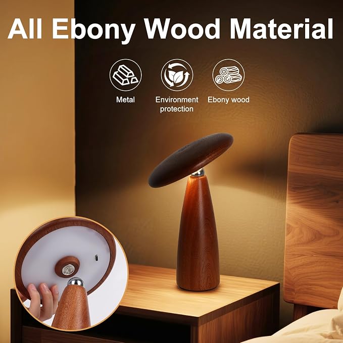 LONRISWAY LED Wood Portable Cordless Touch Switch Small Wooden Mushroom Lamp,Rechargeable Battery Operated, Stepless Dimming, 360 Degree Rotation Angle Adjustable Night Light