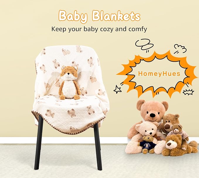 Baby Blanket 40x40 Inches,Muslin Cotton and Minky Dotted Double Layer Soft Receiving Blanket for Newborn Toddler,Bear