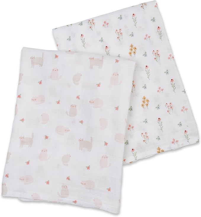 Lulujo Baby Swaddle Blankets | Unisex Softest Breathable Cotton Muslin Swaddle Blanket Set | Neutral Receiving Blanket for Girls & Boys | 40in x 40in | Kitty Cat & Flowers | 2-Count