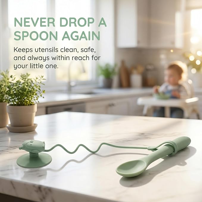 Toy Strap Spoons for Infant Spoon Fork Set Holder Anti-drop Chain Silicone Suction Cup Toddler Green Color