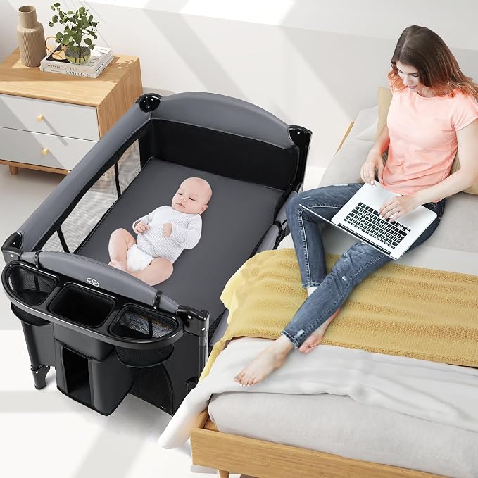 INFANS Baby Bassinet, 4 in 1 Pack and Play Baby Playard with Changing Table, Mosquito Net, Storage Basket, Travel Bag for Newborn 0-36 Months (Black)