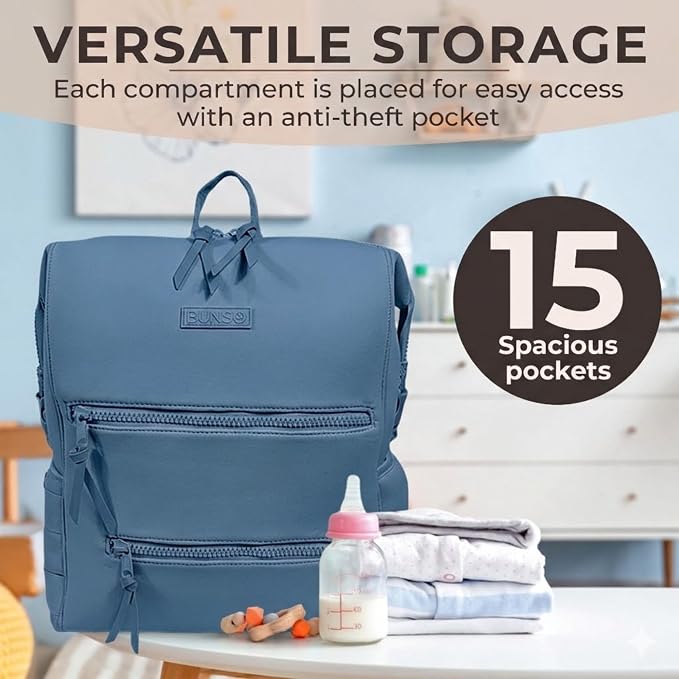 BUNSO Neoprene Diaper Bag – minimalist, water-resistant backpack with pouch, changing pad, and stroller straps. Lightweight unisex baby diaper bag in Slate Blue