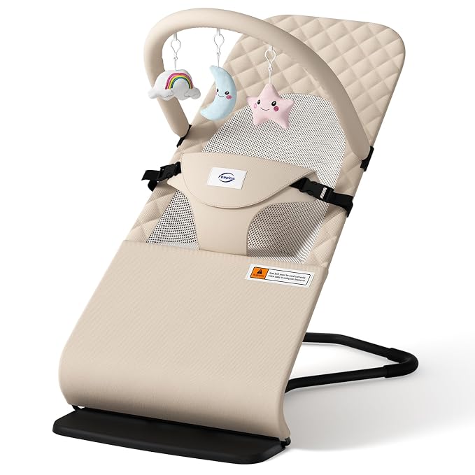 Baby Bouncer, Bouncer Seat for Babies 0-12 Months, Ergonomic Rocking Chair with Detachable Hanging Bar, 3-Height Adjustments, Foldable & Portable Infant Rocker, Machine Washable Fabric, Beige