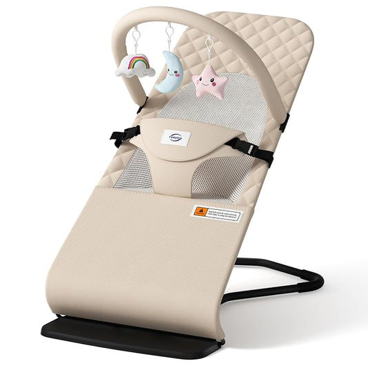 Baby Bouncer, Bouncer Seat for Babies 0-12 Months, Ergonomic Rocking Chair with Detachable Hanging Bar, 3-Height Adjustments, Foldable & Portable Infant Rocker, Machine Washable Fabric, Beige