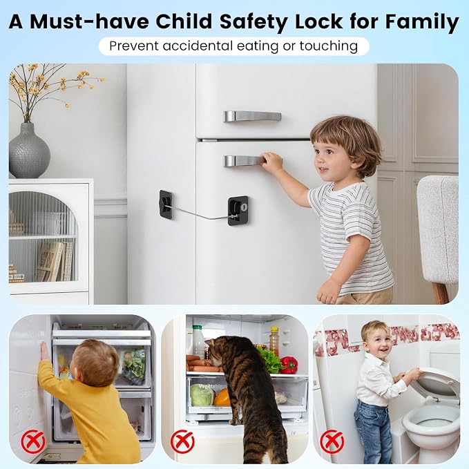 4PCS Mini Fridge Lock, Cabinet Locks Baby Proofing with 4 Keys, Upgraded Refrigerator Locks for Freezer, Cabinets, Drawers, Air Fryer, Closets, Windows and Doors, NO DRILLING