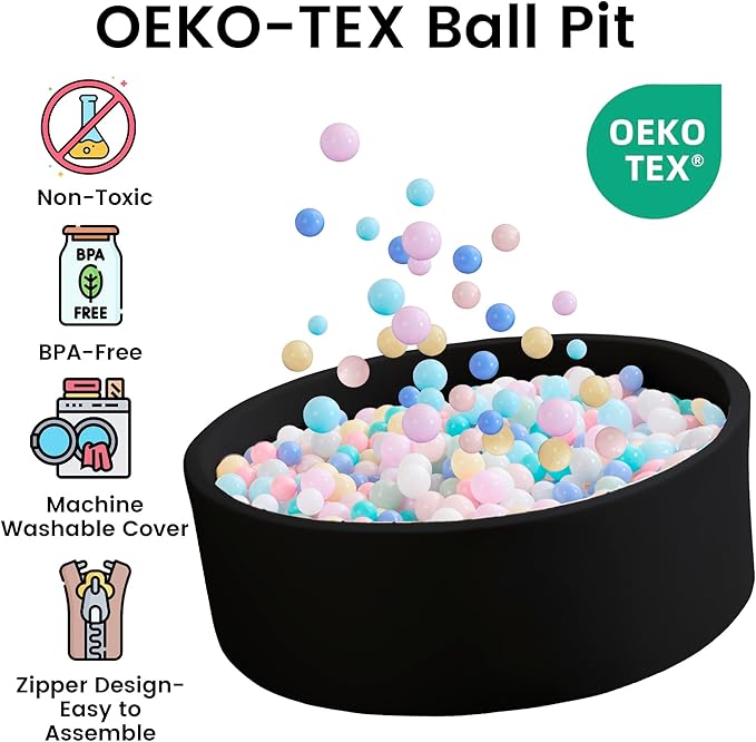 Zedachica Ball Pit for Toddlers 35.43''x11.81 Baby Ball Pits Soft Memory Foam Ball Pit Round Kids Ball Pit Indoor Game Kids Play Ball Pool Ideal Gift for Girls and Boys (Black, NO Balls)