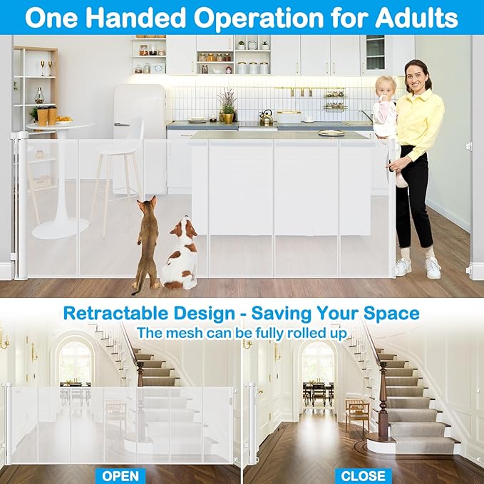Reinforced 42??Extra Tall X 159??Extra Wide Retractable Gate Indoor Prevent Kids and Pets from Getting Through Tall Retractable Baby Gates for Doorways Pet Gates for Wide Openings Mesh Baby Gate White