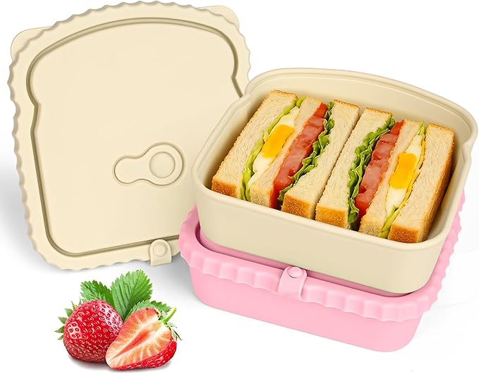 2 Pack Silicone Sandwich Container with Leakproof Lids, 15oz Reusable Lunch Box, BPA-Free Silicone Snack Box, Reusable Toast Container for Sandwiches, Snacks, Office, Travel (White+Pink)
