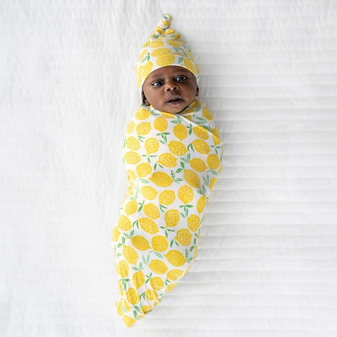 Little Sleepies Swaddle & Hat Set, Baby Swaddles Newborns, Soft Viscose from Bamboo Swaddle Blanket Wrap (Lemons)