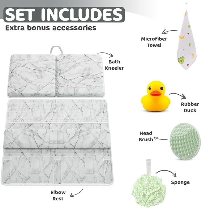 Sleepah Bath Kneeler and Elbow Kneeling Rest Pad Set for Baby Bathing – Waterproof Soft Memory Foam Mat Organizer Babies & Toddler Bathing Time Toys Sponge (Marble)